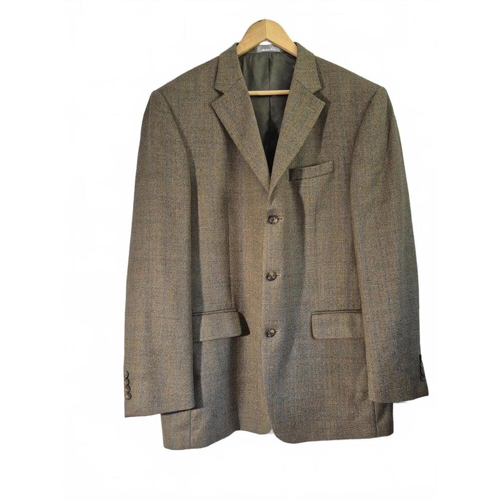 Oscar De La Renta Mens 3 Button Front Sports Jacket Tan Herringbone Pattern 100%